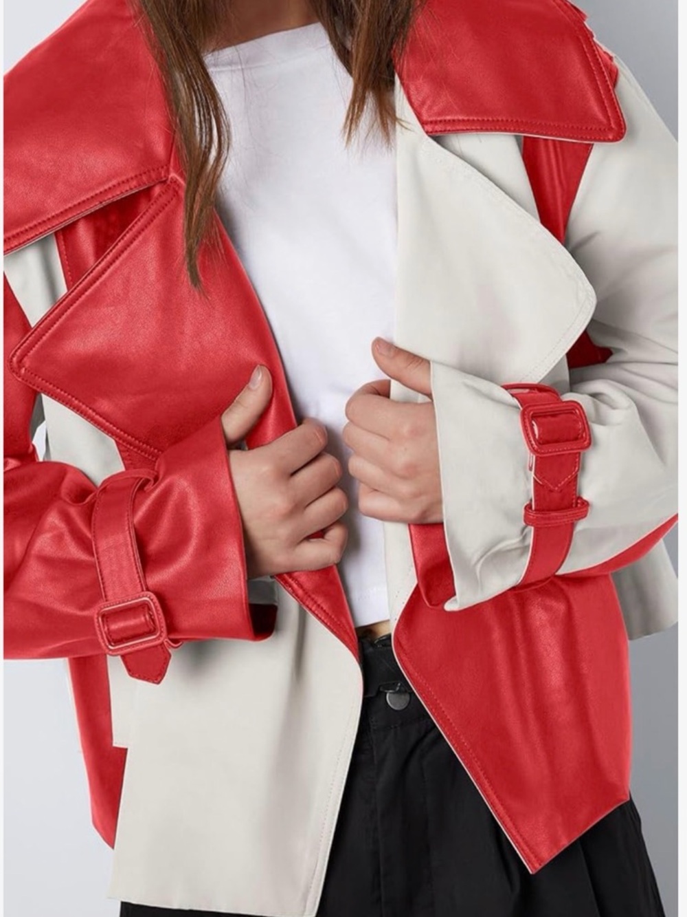 Colorblock Red & Cream VEGAN Leather Jacket - Women - Picture 2 of 10